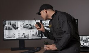portrait male security guard with radio station camera screens 1